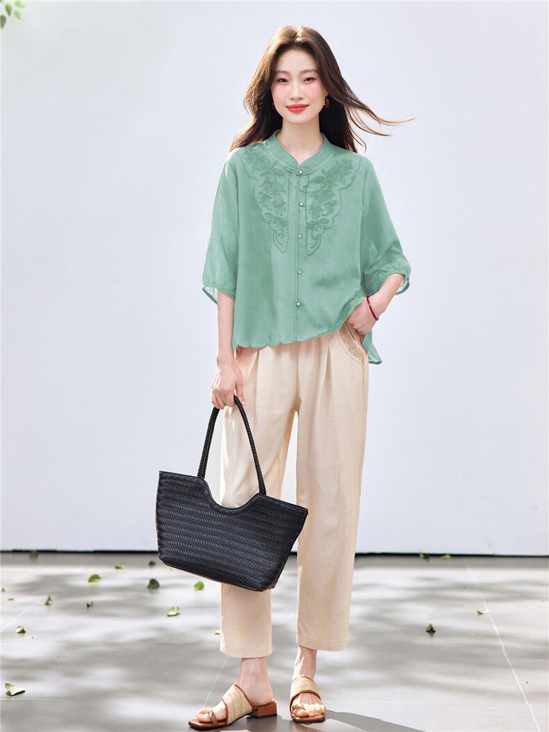 长期现货2026夏季新款天丝苎麻刺绣衬衫T恤中年小脚裤两件套装女,女装套装/套裙,璐依舞