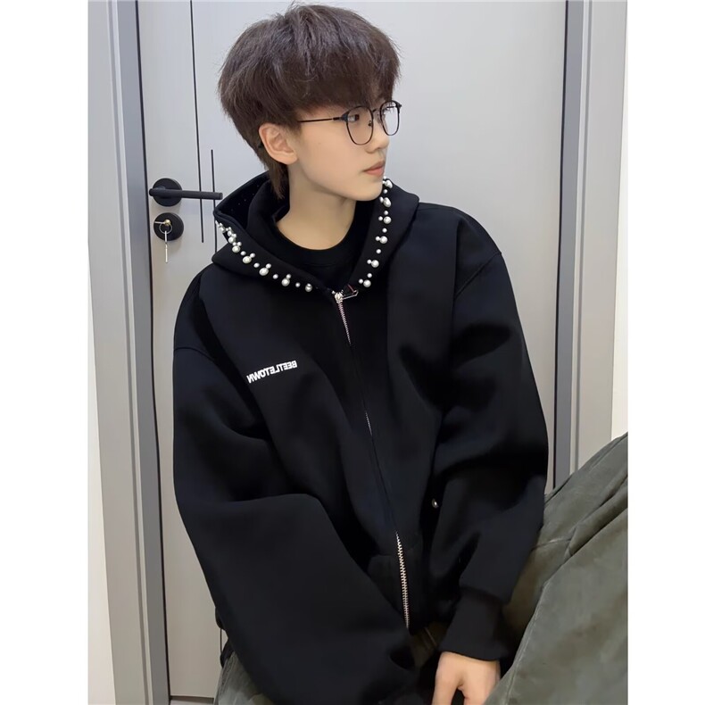 美式复古珍珠连帽短款卫衣外套运动服休闲上衣潮513AWY2411P49,女装短外套,星座513A