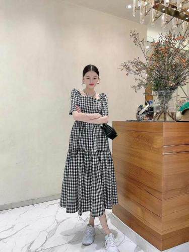 ZCL609夏季新款复古宫廷风格子显瘦泡泡袖连衣裙，女装连衣裙，L·H·X