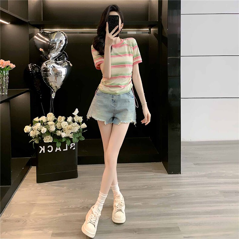 女夏季新款韩版运动休闲套装修身显瘦圆领条纹短袖牛仔短裤两件套,女装套装/套裙,江南