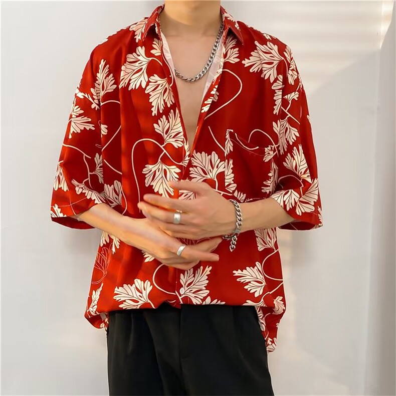 酒红色冰丝花衬衫男士短袖夏季薄款潮牌高级感夏威夷度假风衬衣服,男装衬衫,星座1116-2