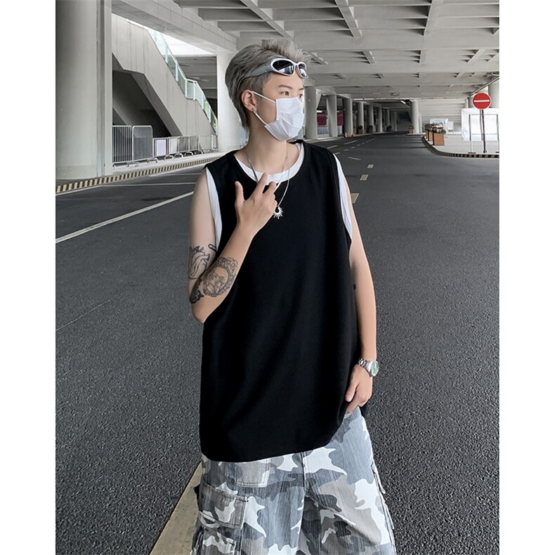 夏季新款克罗心华夫格假二件背心宽松版无袖圆领T恤男 ZX438-P28图片