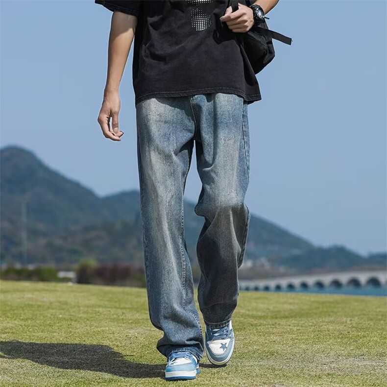 美式高街牛仔裤男复古休闲直筒裤潮流水洗百搭阔腿长裤51044-p45图片