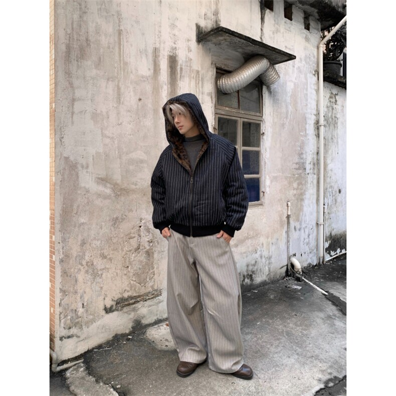 豹纹座山雕棉服男女宽松潮流复古竖条纹连帽外套,男装棉衣,四季星座505