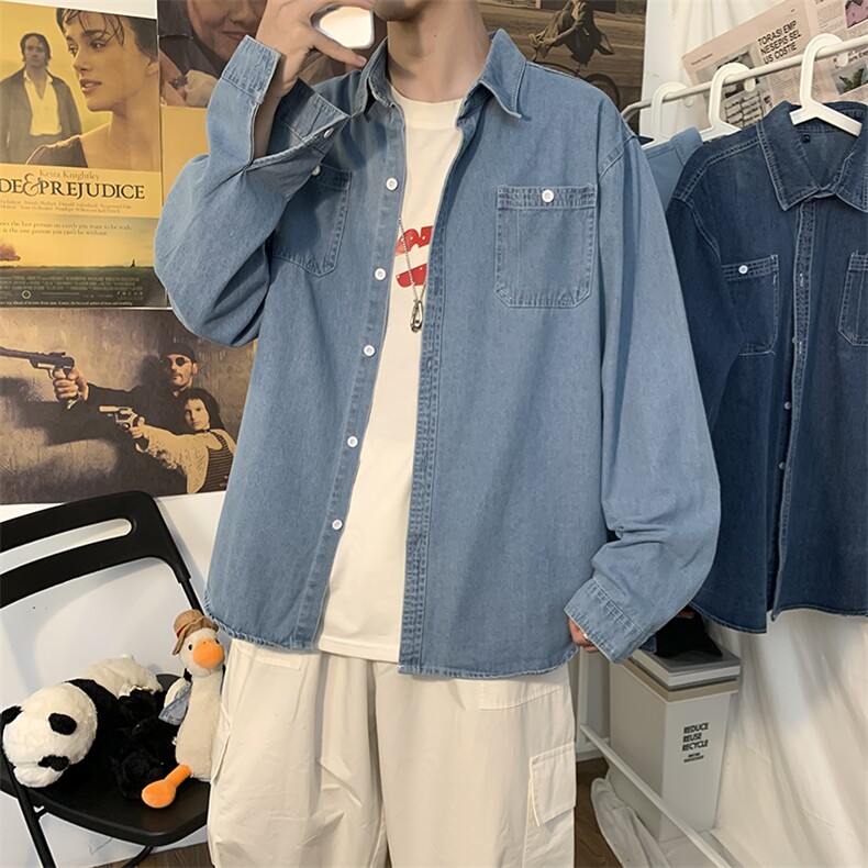 日系牛仔衬衫男潮流休闲宽松百搭ins潮牌简约长袖衬衣W1206-P45,男装衬衫,星座512-4