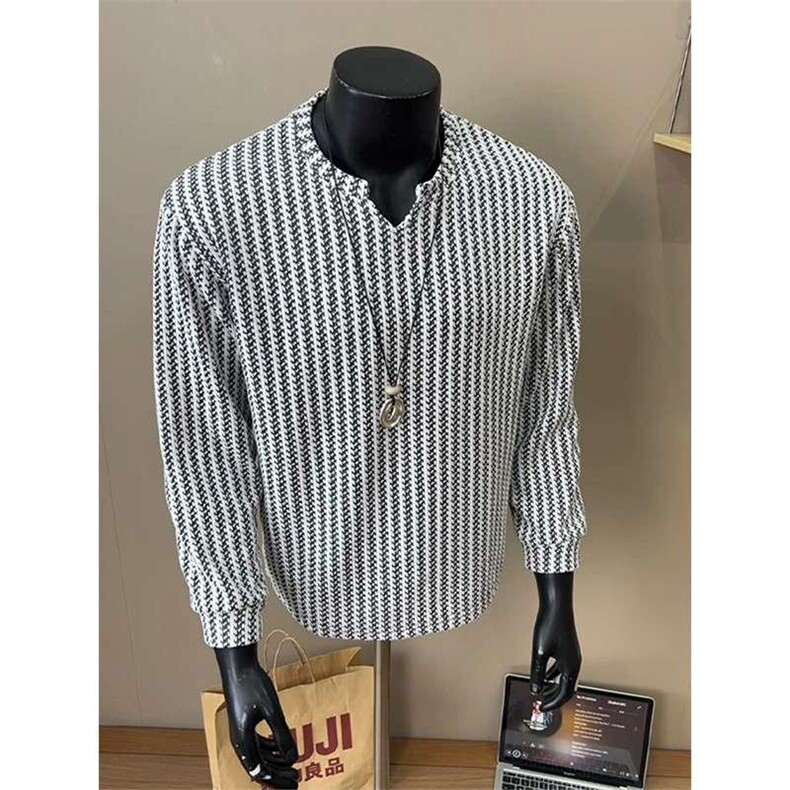 美式高街千鸟格子长袖T恤男女亨利V领英伦雅痞休闲宽松长袖打底衫，男装T恤，电商A443