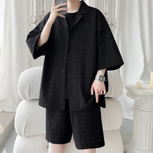 TZ52932/P65西服领短袖衬衣裤子套装男潮夏季肌理感西装领两件套图片