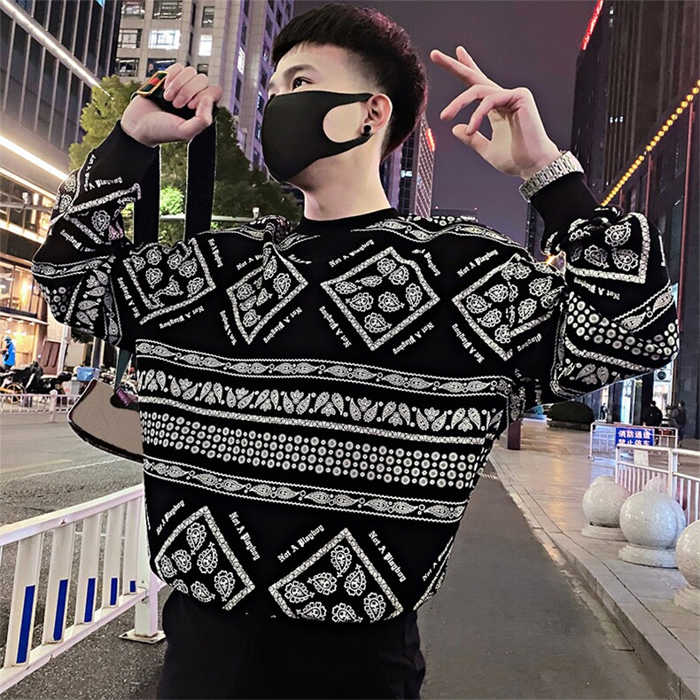 Y43/P58控78春季潮牌前片满印腰果花宽松套头卫衣男黑首1，男装卫衣，星座305B