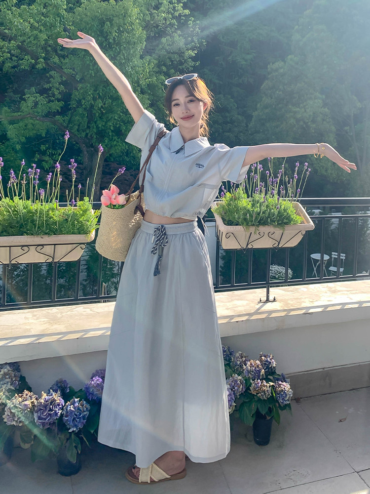 韩系新款时尚洋气减龄裙女翻领短袖休闲拉链外套半身裙,女装运动套装,浙宝285（原212）