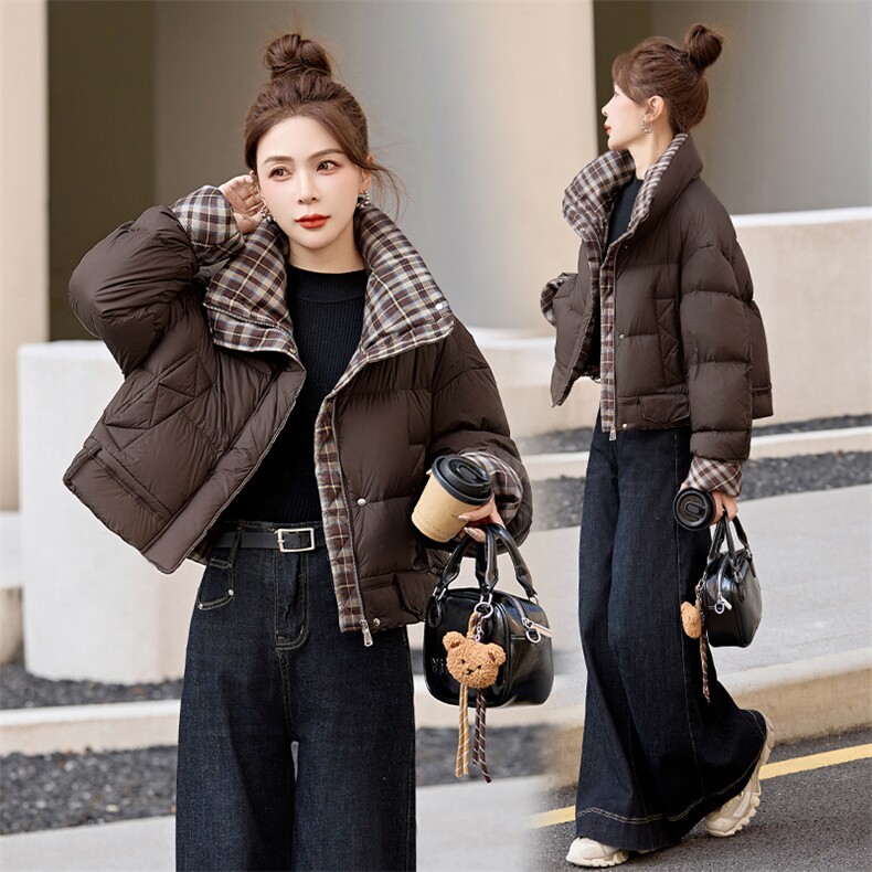短款羽绒服女2024冬季新款小个子高级感超好看洋气拼接格子面包服，女装羽绒服，艾尚靓装