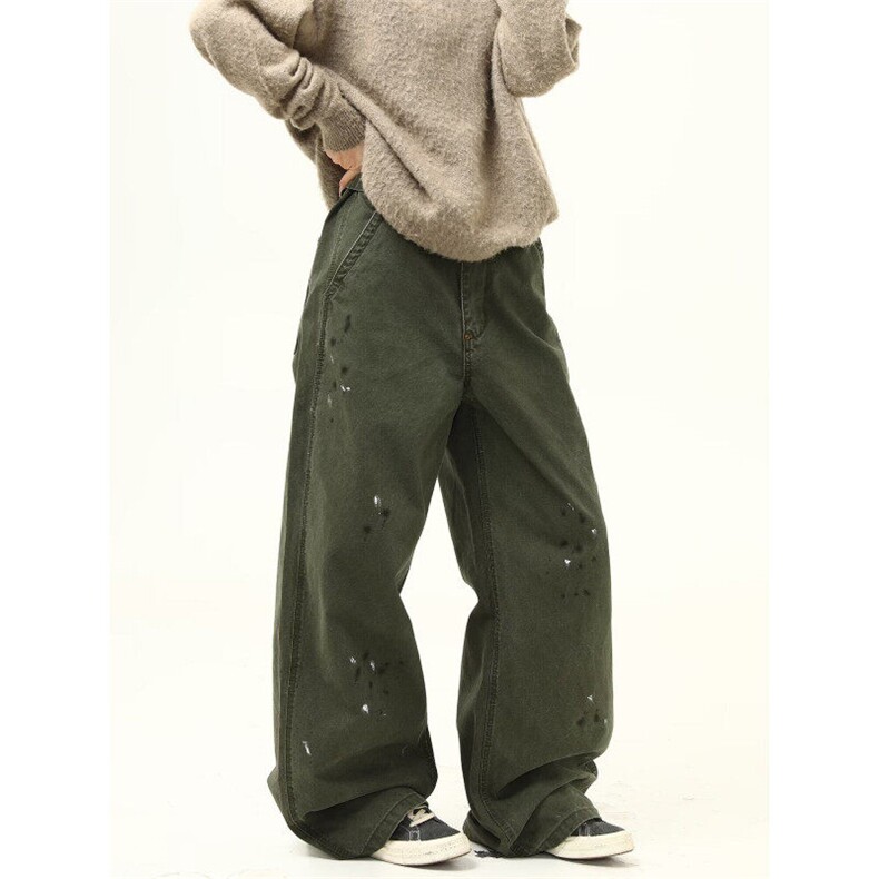 复古做旧漆点牛仔裤男潮流宽松直筒阔腿工装长裤，男装休闲裤，星座716-3