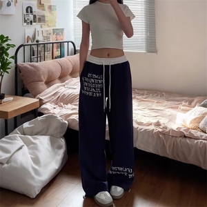休闲裤子春秋季宽松大码胖子运动裤美式潮牌帅气印花束脚卫裤图片