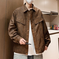 春季翻领皮夹克按扣男士休闲外套潮上衣机车青年A266-PY009-P100，男装夹克，电商A266