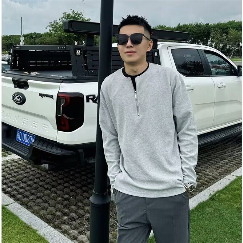 春秋季日系简约风半拉链圆领长袖T恤男运动宽松休闲华夫格打底衫,男装T恤,星座506A
