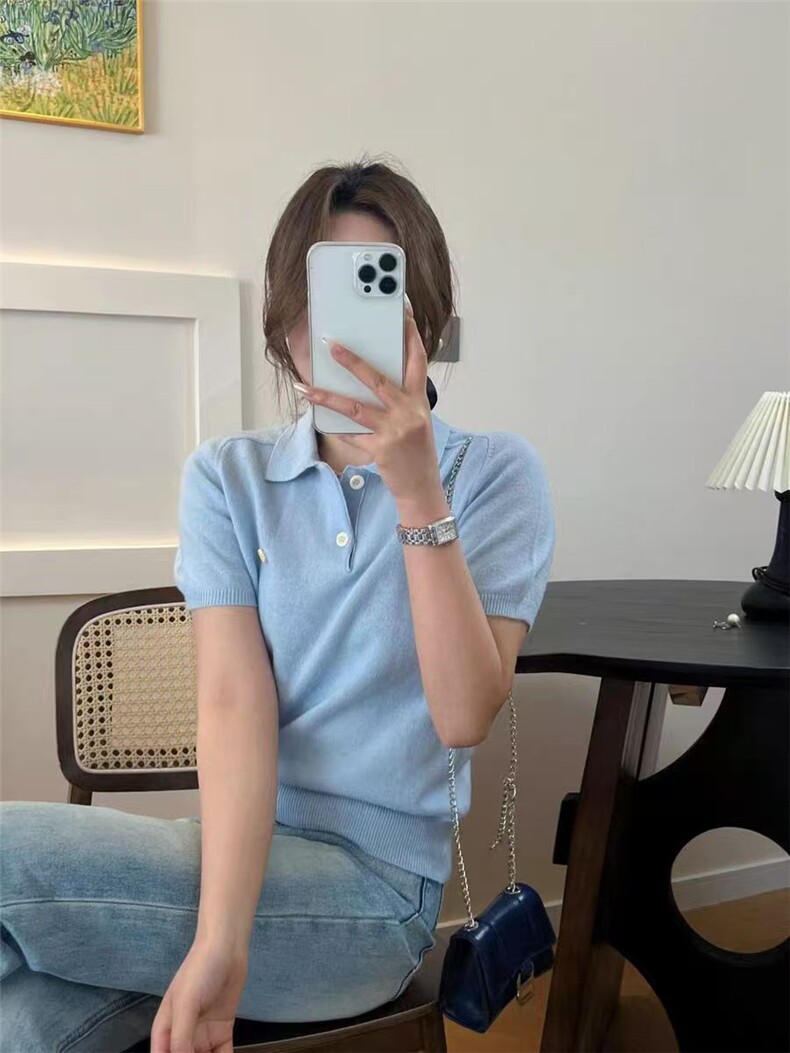 2025年夏季翻领T恤半袖女,针织衫/毛衣,兰叶羊绒