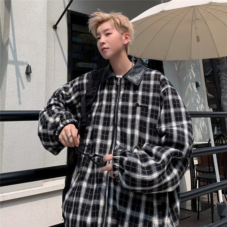 双面穿皮衣男韩版潮流美式格子帅气2023冬季新款ins外套W5448-P75，男装皮衣，星座412-3