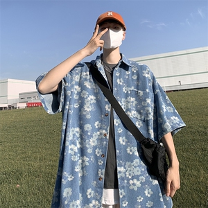 夏季新款复古做旧上衣情侣牛仔花朵衬衫男短袖衬衣 W3427-P50图片