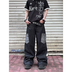 复古格纹大口袋弯刀拼接牛仔裤男女休闲美式直筒宽松休闲阔腿长图片
