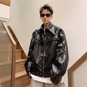 重磅机车服pu皮衣外套男装嘻哈炸街短款宽松休闲皮夹克JK8500 P85图片