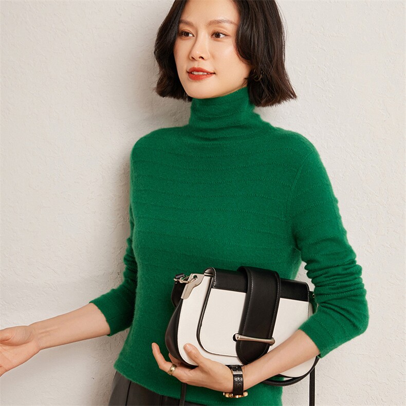 秋冬季35%羊绒65%羊毛休闲百搭12针横线堆堆领羊绒衫,女装羊绒衫,广悦羊绒
