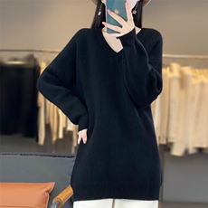 秋冬纯色V领长袖针织衫女韩版宽松时尚百搭上衣内搭毛衣，女装羊毛衫，忠诺羊绒