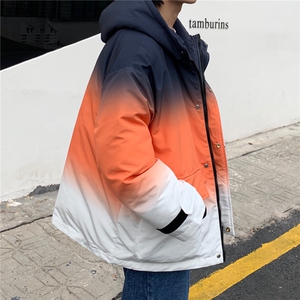渐变色连帽棉衣男2019冬季新款韩版潮流宽松加厚棉服外套D53图片