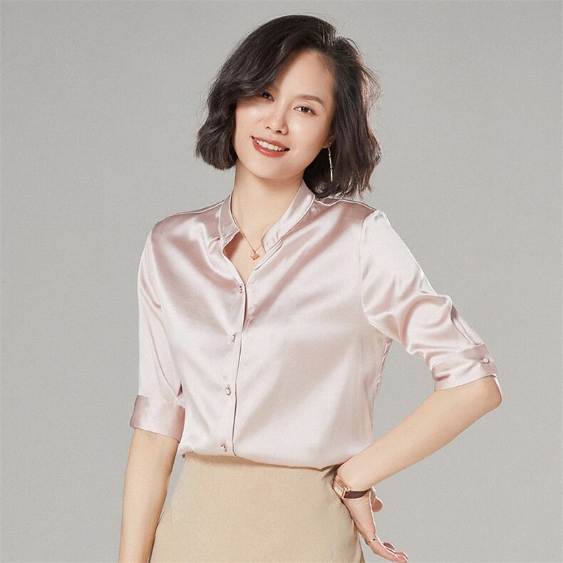 优雅气质减龄小翻领真丝衬衫红色显瘦长袖上衣,女装衬衫,宋氏羊绒