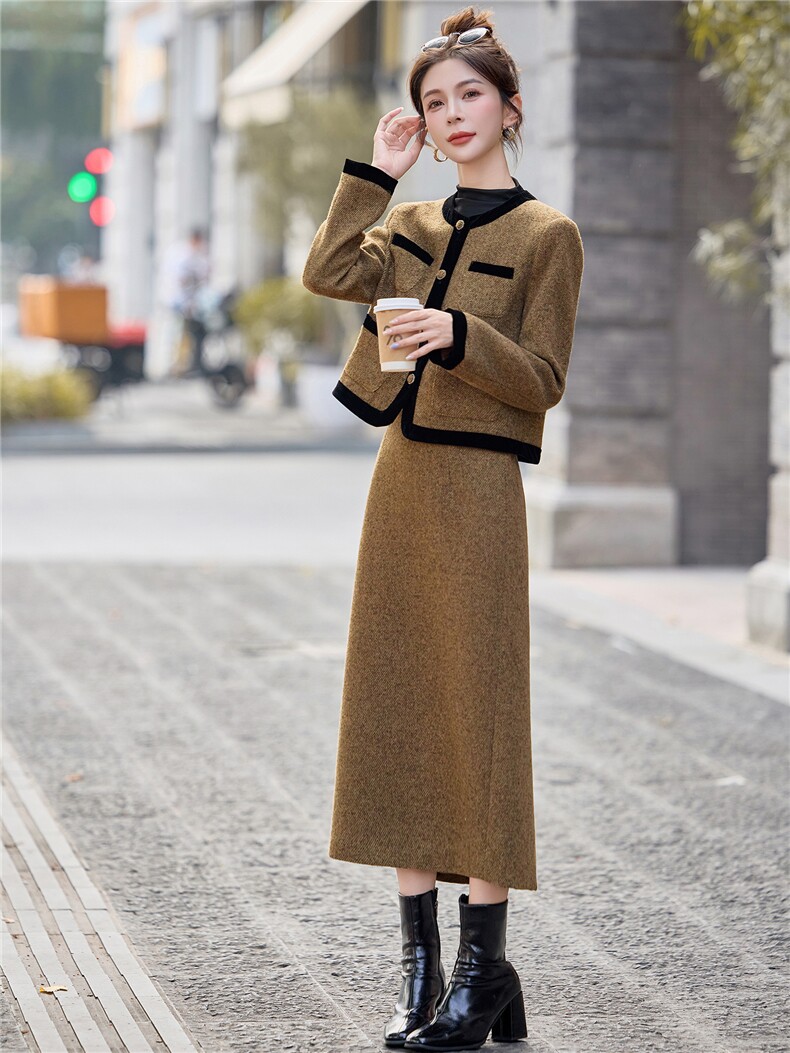 韩系复古小香风撞色毛呢外套女秋冬2025新款巨好看独特高级感上衣,女装套装/套裙,众宇琦