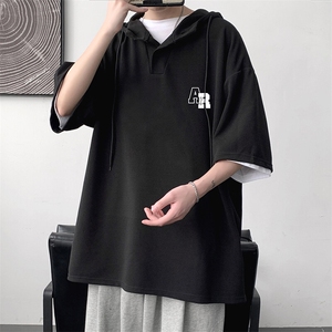 LD54369-P45NASA连帽短袖t恤男大码胖子带帽五分袖中袖