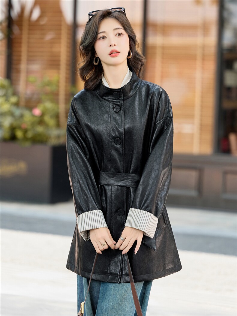 【大量现货】秋季女装新款时尚立领潮流金属丝中长款腰带皮衣外套,女装皮衣,魅衣本色