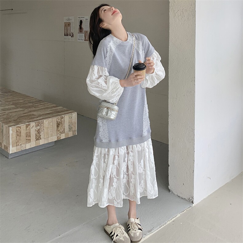 灰色漂亮蕾丝拼接长袖连衣裙女2025初春新款浪漫风穿搭圆领长裙,女装连衣裙,2C283