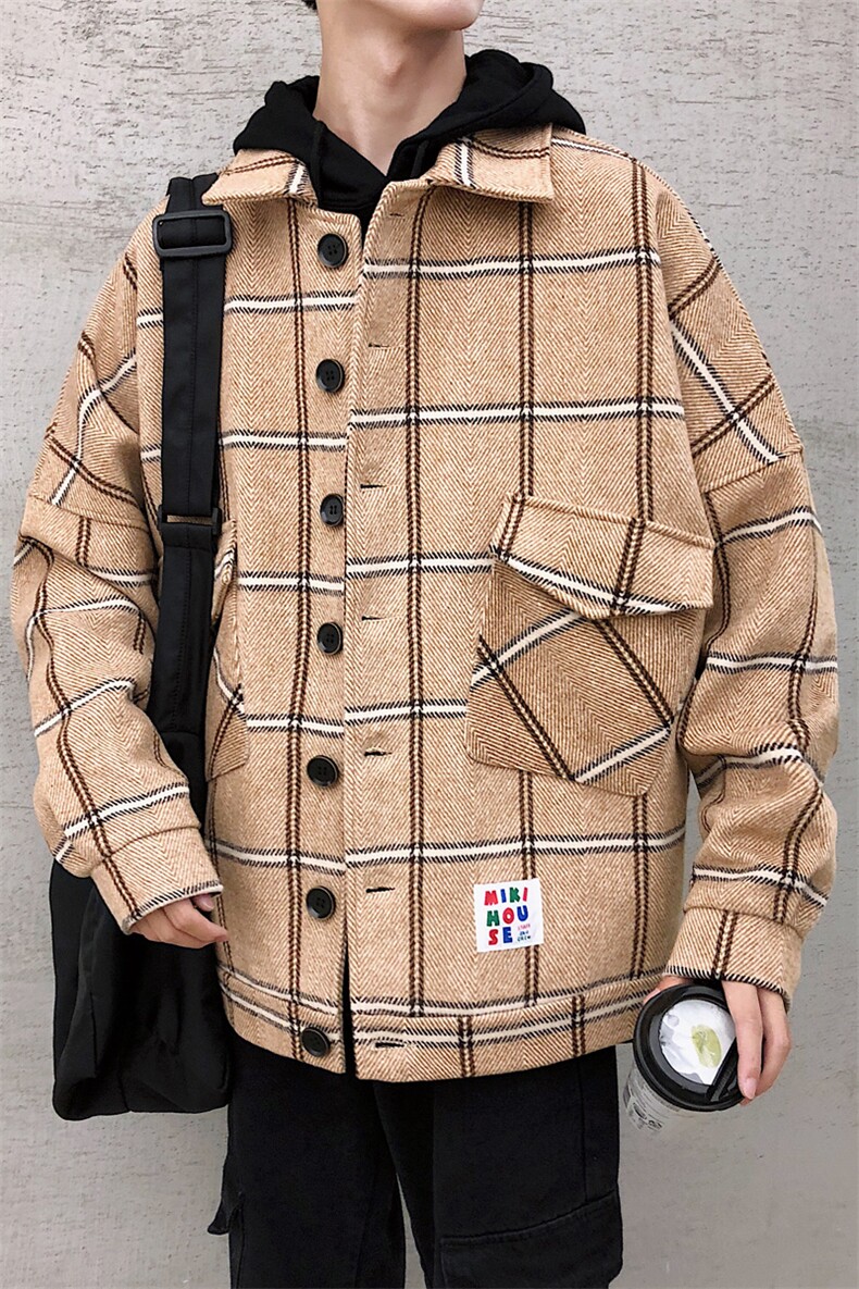 格子呢料夹克秋季大码宽松日系呢大衣男棉衣外套J916,男装夹克,电商A157