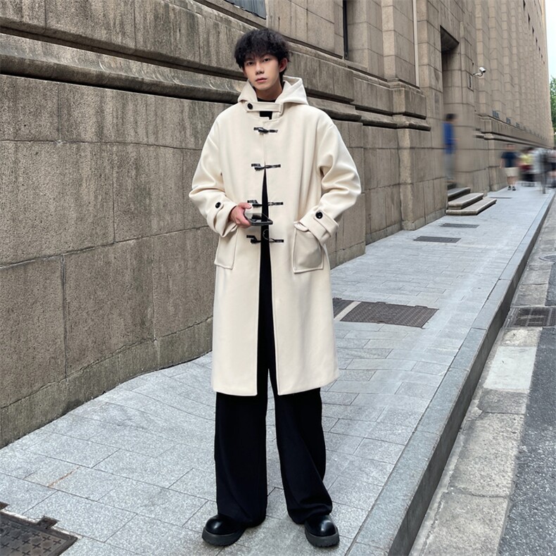 秋冬小众牛角扣连帽毛呢大衣男宽松风衣外套MN00706/P125加棉P135,男装毛呢大衣,电商B316