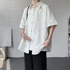 高品质潮流短袖衬衫小众解构肌理感黑色裂纹韩版花衬衫打底T恤P50，男装T恤，电商B319