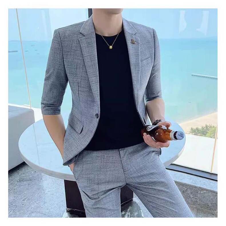 夏季薄款中袖西装套装两件套帅气男装西服套装1012-W2101-P195,男装西服,星座1012