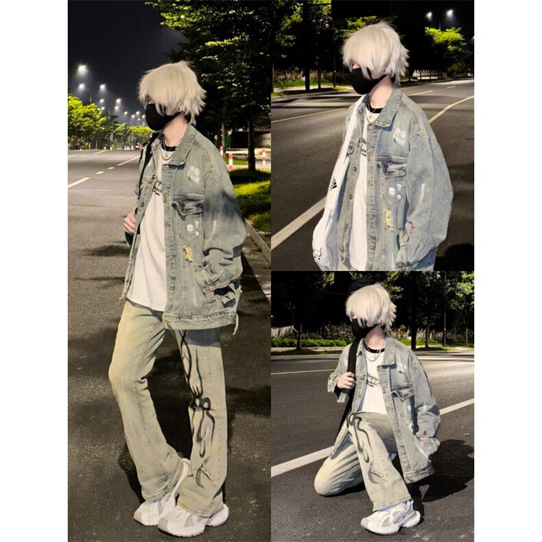 【有货】美式高街泼墨涂鸦破洞牛仔外套男款工装夹克J61HH-特P72,男装夹克,星座1007（原301D）