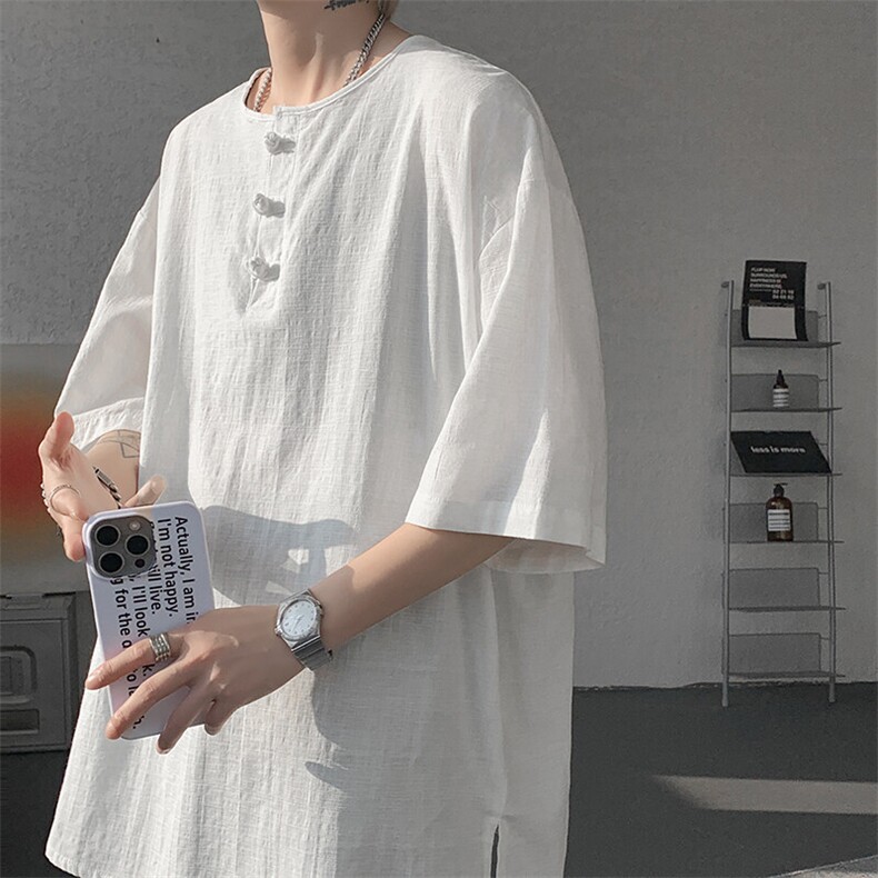 风亚麻短袖t恤特大码M-8XL棉麻盘扣半袖衫古风唐装DX1209/P45,男装T恤,电商B238