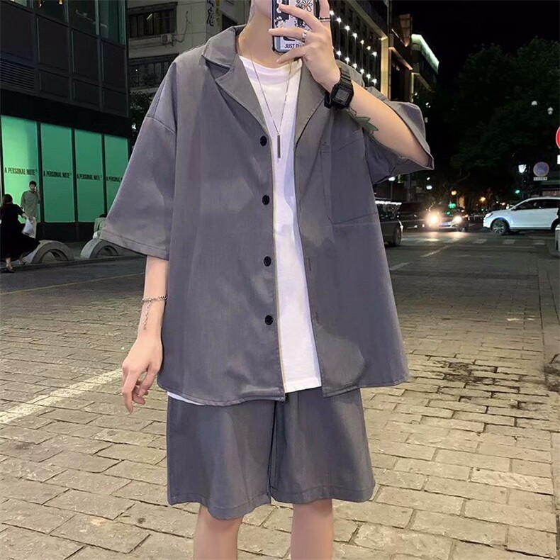港风夏季韩版短袖男五分袖外套潮流宽松小西服短裤套装T43-p50,男装西服套装,星座1008-1