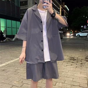 港风夏季韩版短袖男五分袖外套潮流宽松小西服短裤套装T43-p50图片