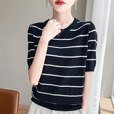 显瘦条纹短袖T恤女夏季2025新款打底衫洋气大码女装冰丝针织上衣，女装针织衫/毛衣，萱芳婷羊绒