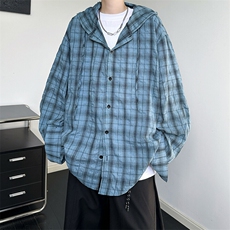 廓形防晒衬衫男夏季长袖冰丝薄款亚麻格子衬衣开衫外套CS29006P50，男装衬衫，电商B312
