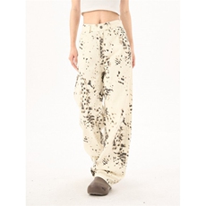 2236-P48美式复古豹纹设计感直筒牛仔裤女显瘦高腰直筒裤，女装牛仔裤，电商A306A