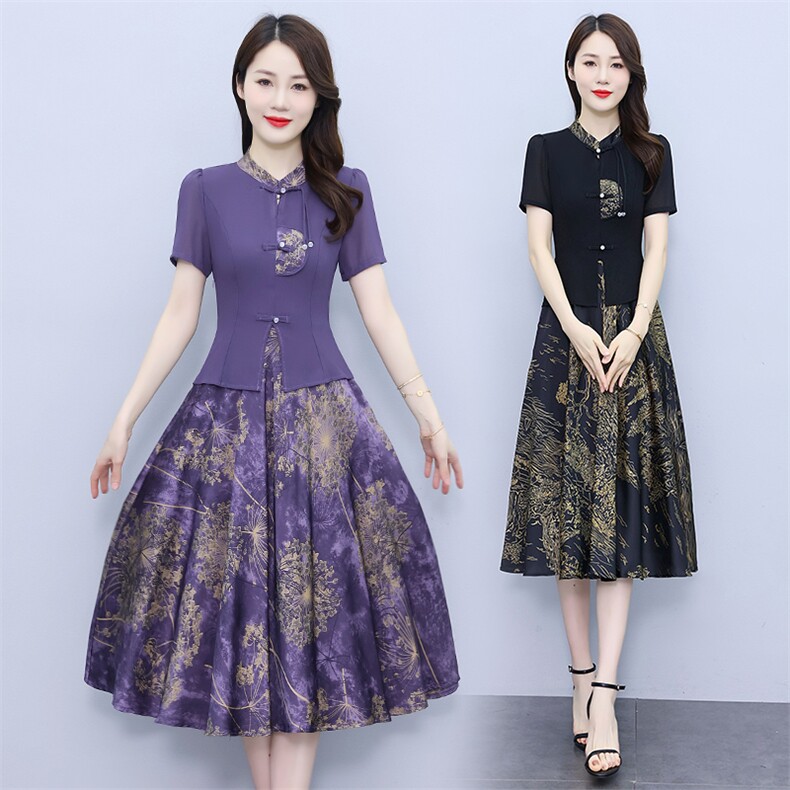 现货可推2024夏装新款气质新中式假两件印花短袖妈妈装连衣裙女，女装连衣裙，时尚风爆