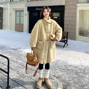 黄色羊羔毛厚外套女秋冬2025新款韩系宽松中长款皮毛一体毛绒大衣图片