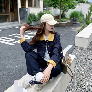 (新款现货）2026春装时尚针织牛仔拼接阔腿裤套装（两件套）图片
