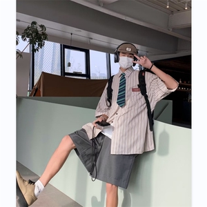 配领带 2025夏季衬衫男韩版潮条纹复古文艺新款ins外套CY182-P38图片