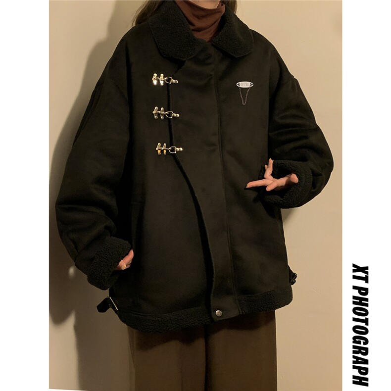 中性风翻领麂皮绒羊羔毛金属飞机扣设计棉衣男YG77108P135控178图片