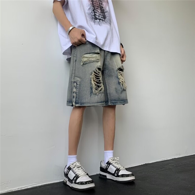 美式高街水洗破洞牛仔短裤男直筒宽松潮阔腿五分裤夏季DK8059-P42,男装牛仔裤,星座1008