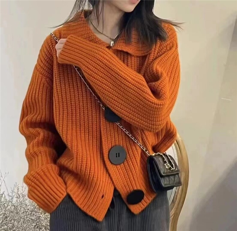 时尚秋季女士宽松简约百搭纯色大扣针织开衫,女装羊毛衫,恒恩羊绒