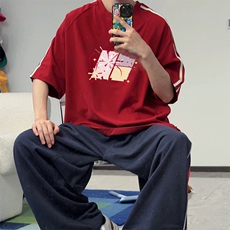 抖音得物高品质二开240克宽松纯棉美式潮牌三条杠织带短袖T恤，男装T恤，电商A486-1